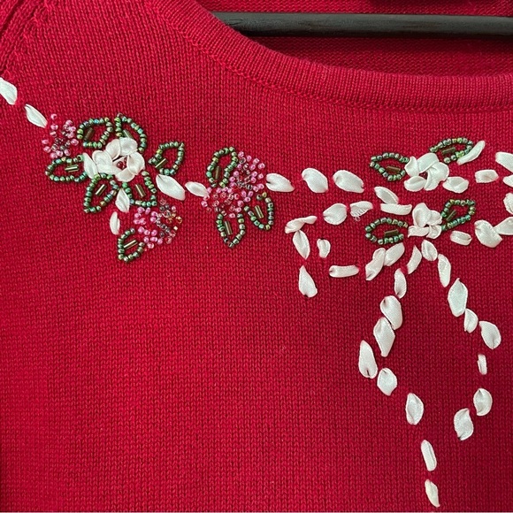 โ๏ธSOLDโ๏ธ Vintage 90s Red Festive Beaded Knit Sweater Top Ribbon Bow Floral L - Picture 6 of 8